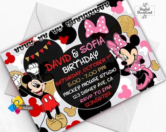 Druckbare Micky und Minnie Maus Geburtstagseinladung. Benutzerdefinierte Mickey und Minnie Invite. Digitale Mickey und Minnie Zwillinge Geburtstagseinladung