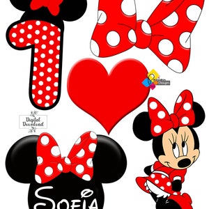 May include: Red and black Minnie Mouse themed party decorations with white polka dots. The decorations include a number one, a bow, a heart, a Minnie Mouse head with the name Sofia, and a Minnie Mouse character.