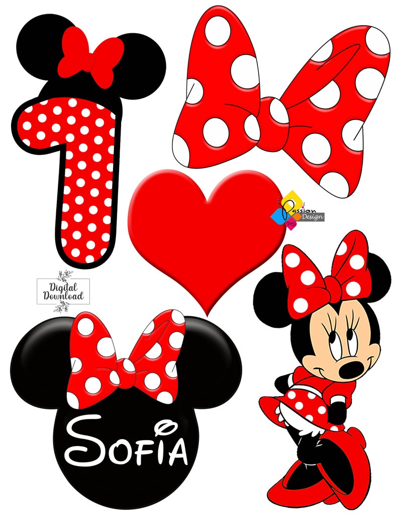 May include: Red and black Minnie Mouse themed party decorations with white polka dots. The decorations include a number one, a bow, a heart, a Minnie Mouse head with the name Sofia, and a Minnie Mouse character.