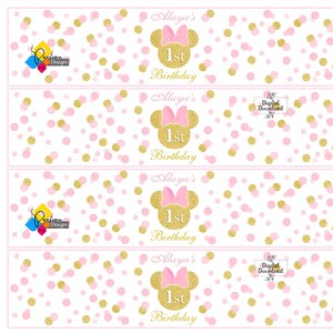 Utskrivbart MINNIE MOUSE-festkit. Personliga födelsedagsetiketter: Presentask, Chipspåse, Caprisun, Fruktsnacks, Vattenflaska, Cupcake-dekorationer bild 7