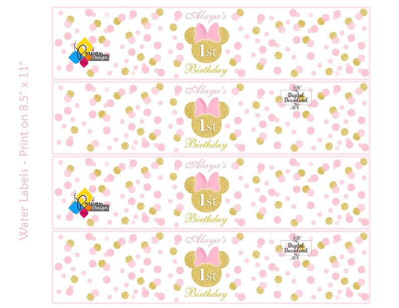 Utskrivbart MINNIE MOUSE-festkit. Personliga födelsedagsetiketter: Presentask, Chipspåse, Caprisun, Fruktsnacks, Vattenflaska, Cupcake-dekorationer bild 7