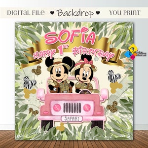 Fondo de cumpleaños imprimible de MICKEY y MINNIE Mouse Safari. Fondo de fiesta PERSONALIZADO de Mickey Minnie Mouse. Banner De Cumpleaños De Mickey Minnie Mouse
