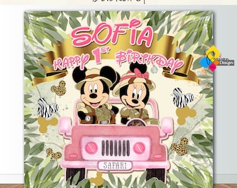 Printable MICKEY And MINNIE Mouse Safari Birthday Backdrop. CUSTOM Mickey Minnie Mouse Party Background. Mickey Minnie Mouse Birthday Banner