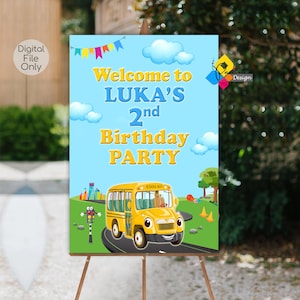 RUOTE stampabili sul tabellone di benvenuto dell'autobus. Decorazione per festa di compleanno dello scuolabus. Manifesto della festa in autobus. Ruote personalizzate sul cartello di benvenuto a tema Bus