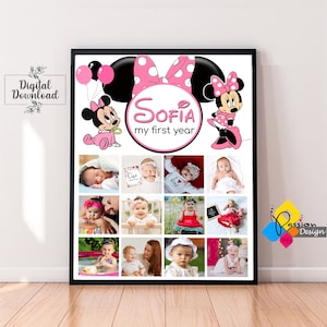 Póster Imprimible con Foto del Primer Año de la Bebé de MINNIE MOUSE. Cartel de collage de fotos de 1er cumpleaños de Minnie Mouse. Tablero de imágenes de un año de Minnie Mouse