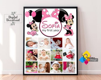 Printable MINNIE MOUSE Baby's First Year Photo Poster. Minnie Mouse 1st Birthday Photo Collage Sign. Minnie Mouse One Year Pictures Board