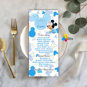 Druckbare Baby Micky Maus Blau Abendkarte. Blaue Micky Maus Menü Karte zum Geburtstag. Personalisierte Micky Maus Baby-Dusche-Menü-Vorlage