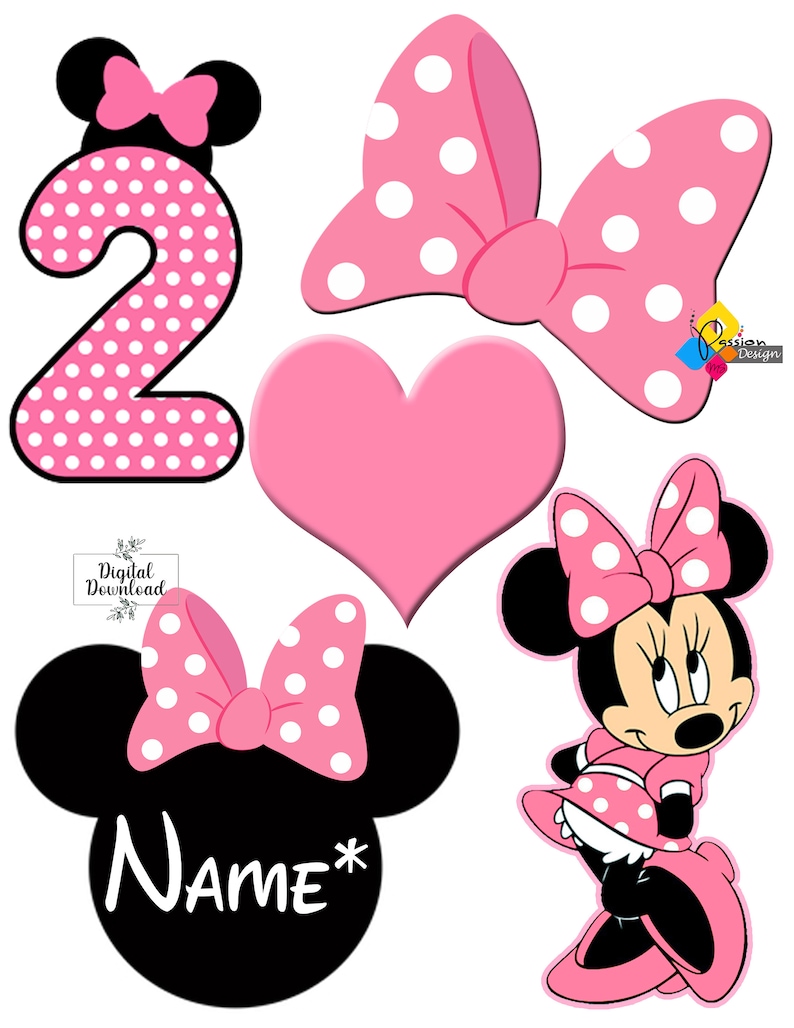 Printable MINNIE MOUSE Pink Birthday Cake Toppers. Party Centerpieces. Table Decorations. Photo Props. Custom DIY Minnie Mouse Decorations image 2