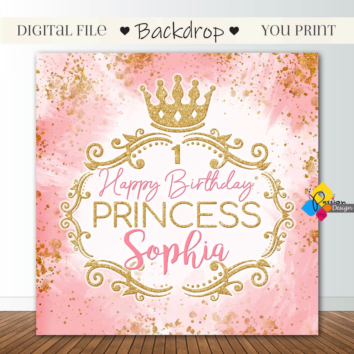 Printable PRINCESS Pink Gold Backdrop. Princess Birthday Party Etsy