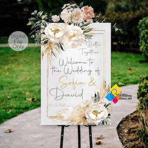 Elegant White & Gold Floral Wedding Welcome Sign – Digital Download | Bridal Shower White Flowers Welcome Board | Customizable Peony Design