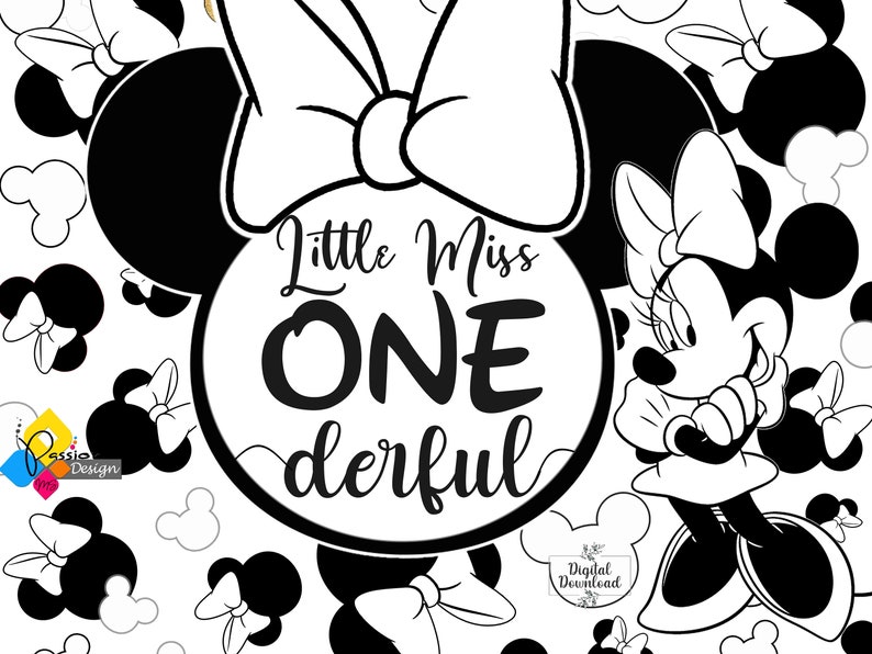 May include: Black and white printable design featuring a cartoon mouse with a bow and the text "Little Miss One-derful".