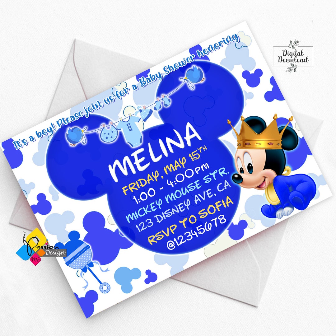 Printable Mickey Mouse Royal Blue Baby Shower Invitation. Personalized