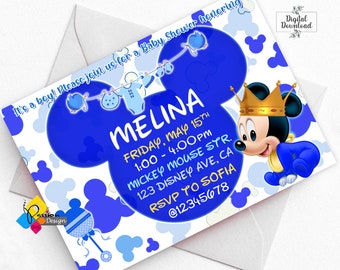 Convite para chá de bebê azul real do Mickey Mouse para impressão. Convite Personalizado Rei Mickey Mouse. Convite digital para chá de bebê do Mickey Mouse