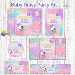 Printable Baby Daisy Duck Party Kit. Custom Baby Shower Labels: Favor Box, Chips Bag, Caprisun, Fruit Snacks, Water Bottle, Cupcake Toppers