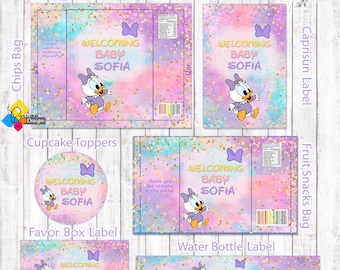 Printable Baby Daisy Duck Party Kit. Custom Baby Shower Labels: Favor Box, Chips Bag, Caprisun, Fruit Snacks, Water Bottle, Cupcake Toppers