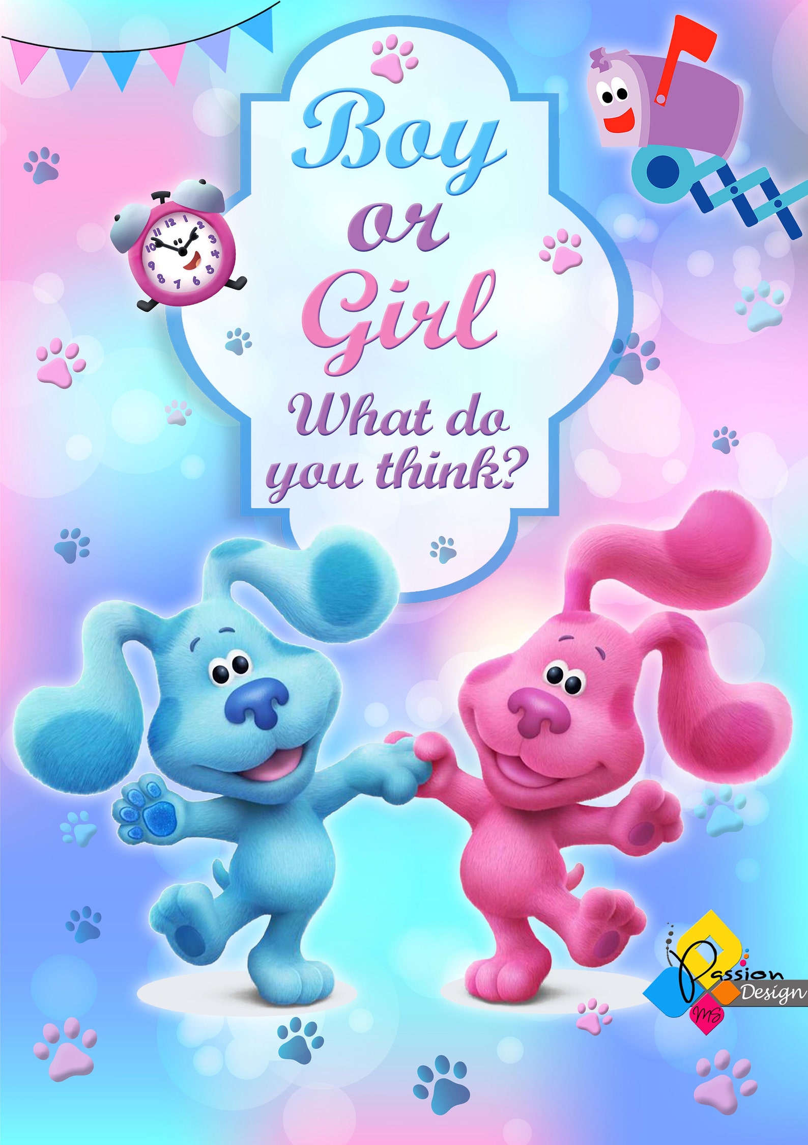 Printable GENDER REVEAL Blue's Clues Pink Blue Etsy