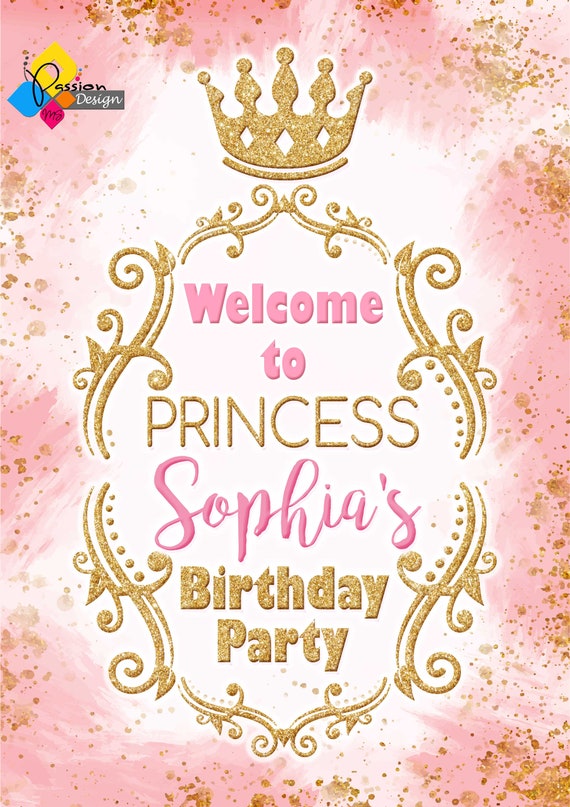 Tableau de bienvenue imprimable PRINCESS Party Pink Gold. Décoration d' anniversaire thème princesse. Panneau de bienvenue personnalisé de couronne  de princesse. Affiche de fête -  France