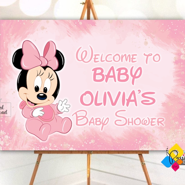 Druckbare BABY MINNIE MOUSE Babyparty Willkommensbrett. Benutzerdefinierte Baby Minnie Maus Willkommensschild. Digitales Minnie Maus Baby Party Poster