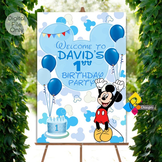 印刷可能なミッキーマウスの1歳の誕生日のウェルカムボード