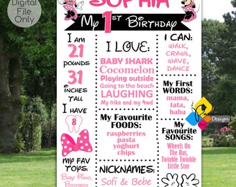 Printable MINNIE MOUSE Milestone Board. First Birthday Minnie Mouse Pink White Milestone Sign. Personalized Minnie Mouse  Birthday Poster
