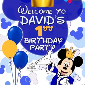 Printable MICKEY MOUSE Prince Birthday Welcome Board. Custom Mickey Mouse Royal Blue Birthday Welcome Sign. Digital Mickey Mouse Poster image 3