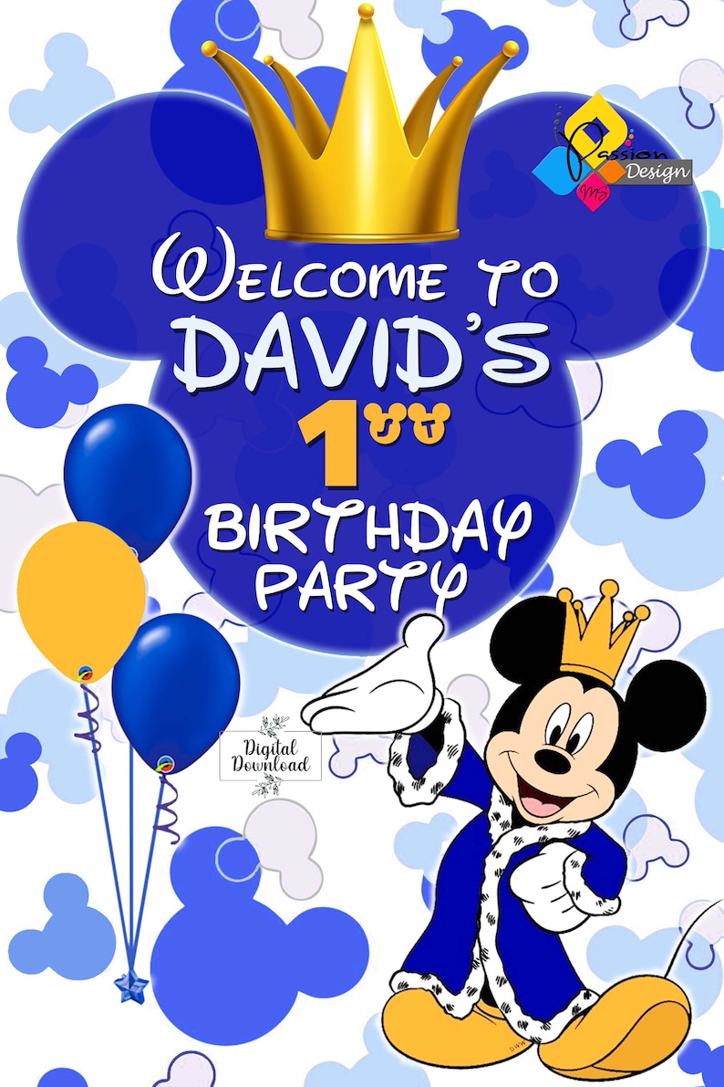 Printable MICKEY MOUSE Prince Birthday Welcome Board. Custom Mickey Mouse Royal Blue Birthday Welcome Sign. Digital Mickey Mouse Poster image 3