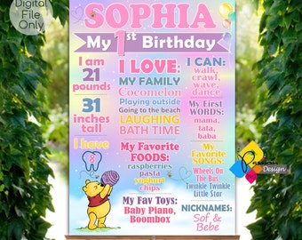 WINNIE THE POOH Milestone Board. Digital First Birthday Winnie The Pooh Pink Milestone Sign. Personalized Winnie The Pooh Birthday Poster