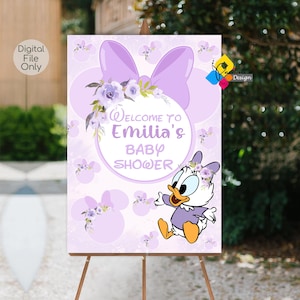 Tablero de Bienvenida para Baby Shower de la PATA MARGARITA para imprimir. Cartel de bienvenida personalizado Baby Daisy Duck. Póster digital de Pato Margarita. lavanda y flores