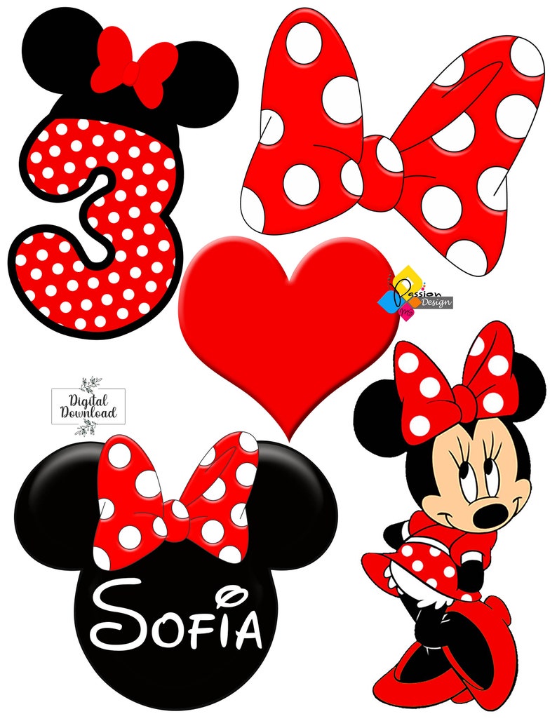 May include: Red and black Minnie Mouse themed party decorations with white polka dots. The set includes a number 3, a bow, a heart, a Minnie Mouse head with the name Sofia, and a full-body Minnie Mouse.
