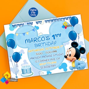 Invitation d'anniversaire Mickey Mouse imprimable. Invitation personnalisée de Mickey Mouse. Invitation numérique premier anniversaire de Mickey Mouse