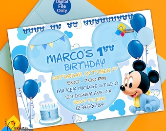 May include: Blue and white birthday invitation with a cartoon Mickey Mouse wearing a blue onesie. The invitation says "Marco's 1st Birthday" and includes details for the party, including the date, time, location, and RSVP information.