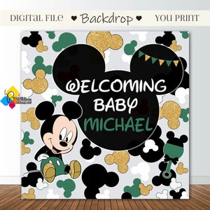 Printable Baby MICKEY MOUSE Baby Shower Backdrop. CUSTOM Mickey Mouse Green and Gold Party Decor. Baby Mickey Mouse Baby Shower Party Banner