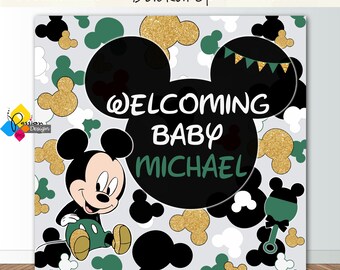 Fondo de Baby Shower de MICKEY MOUSE para imprimir. Decoración de fiesta personalizada Mickey Mouse verde y dorado. Banner de fiesta de baby shower de Mickey Mouse bebé