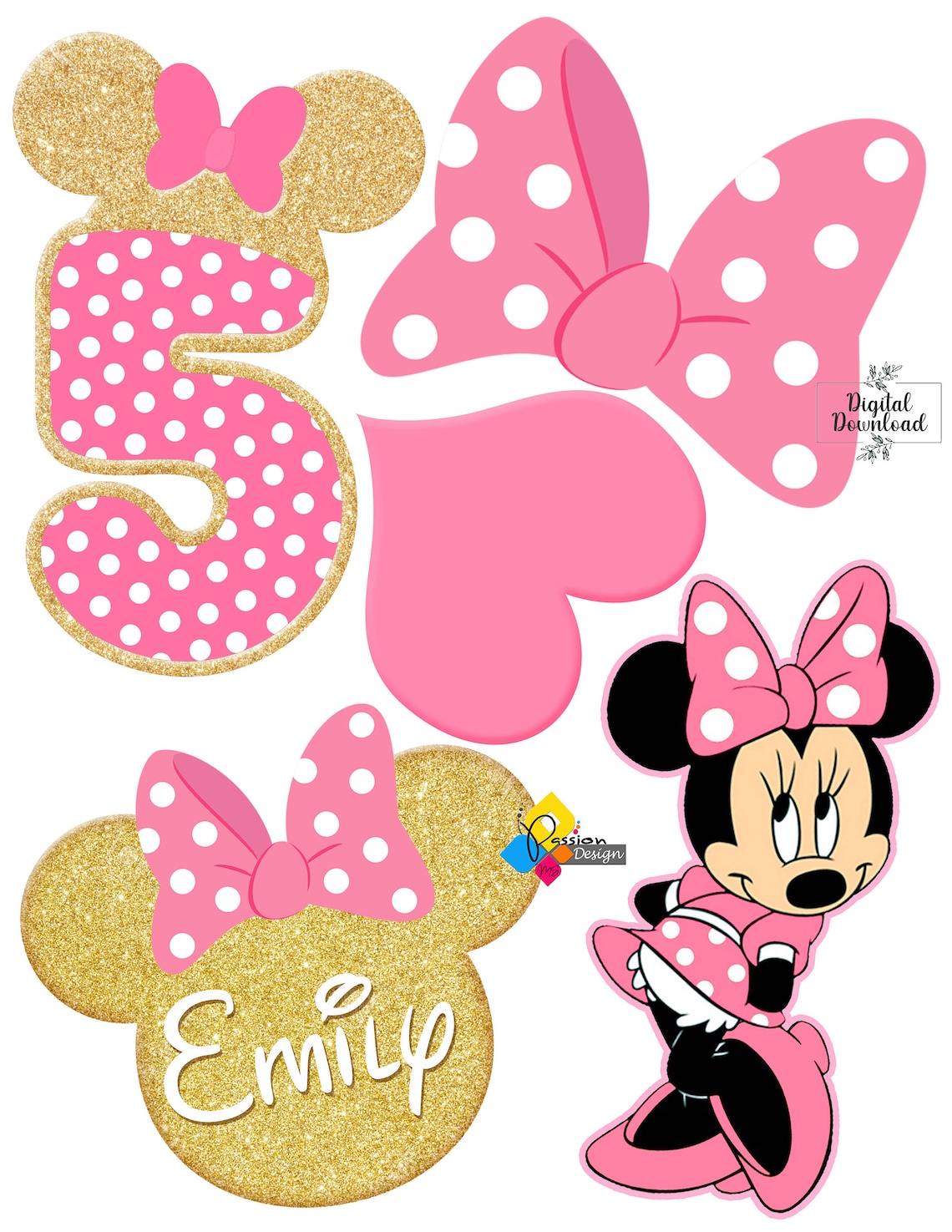 Printable MINNIE MOUSE Pink Gold Birthday Cake Toppers. Party - Etsy