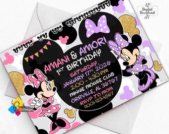 Convite de aniversário imprimível para gêmeas da Minnie Mouse. Convite personalizado para as irmãs Minnie. Convite digital de aniversário rosa e roxo para gêmeas da Minnie.