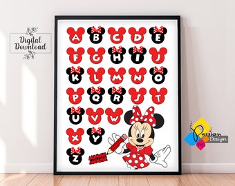 Pôster do alfabeto da MINNIE Mouse. Arte de parede para impressão. Pôster do alfabeto da Minnie Mouse. Decoração para quarto infantil. Arte de parede para quarto de bebê. Download digital de decoração para quarto de bebê.