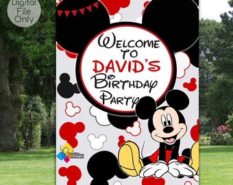 Printable MICKEY MOUSE Birthday Welcome Board RED Black. Custom Mickey Mouse Welcome Sign. Digital Mickey Mouse Poster. Mickey Mouse Party