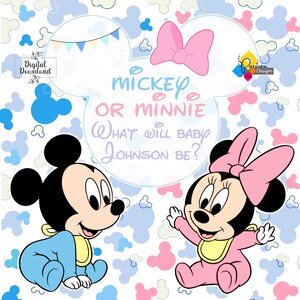 Digital Mickey Or Minnie Mouse GENDER REVEAL Backdrop. Boy or Girl / He or She Party Pastel Colors Background. Custom Gender Reveal Banner image 2