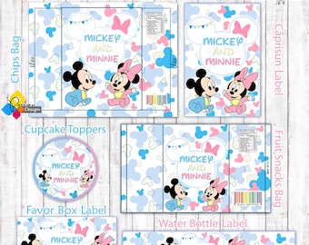 Printable MICKEY and MINNIE Mouse Baby Shower Party Kit. Labels: Favor Box, Chips Bag, Caprisun, Fruit Snacks, Water Bottle, Cupcake Toppers