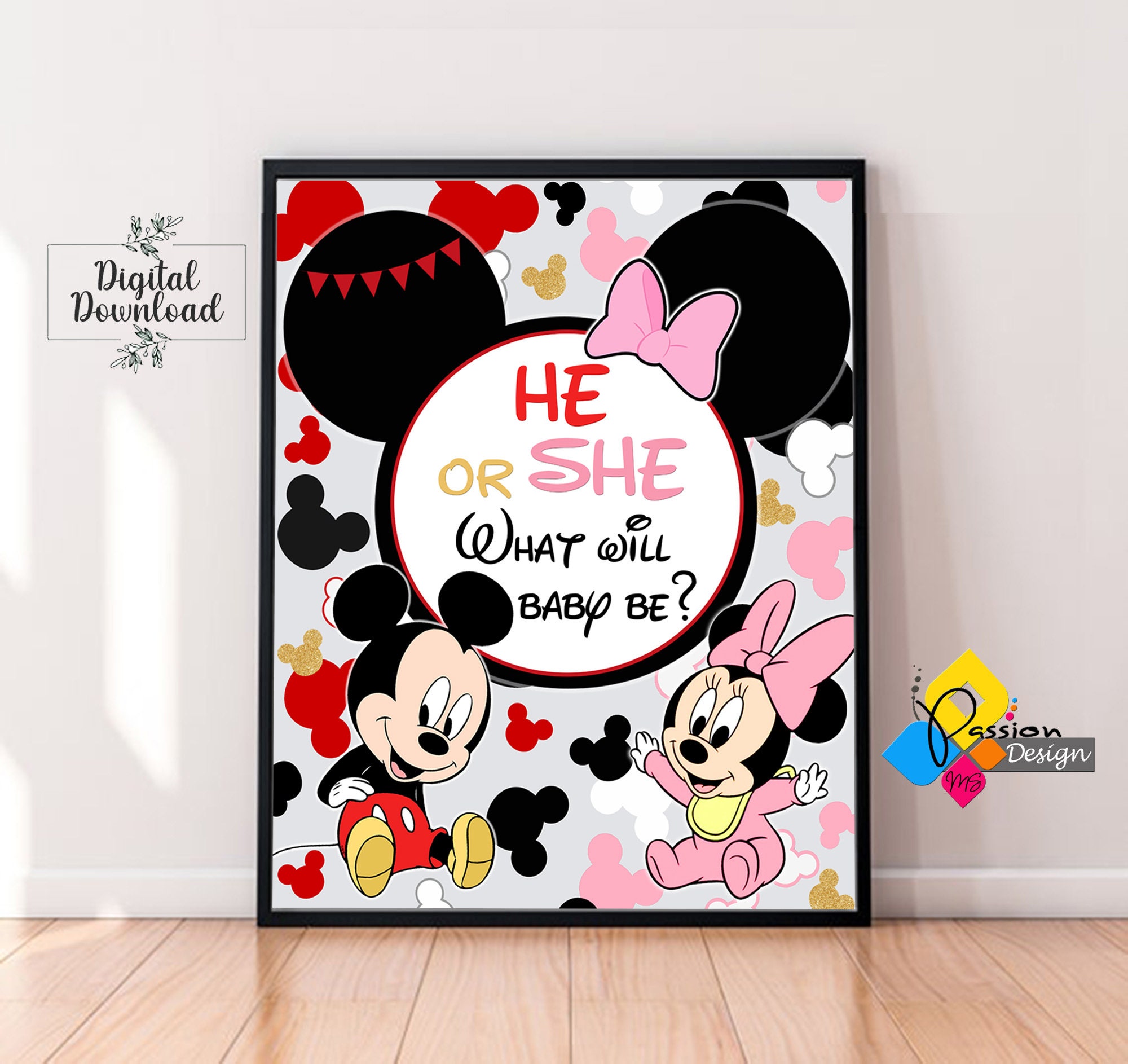 Printable MICKEY Or MINNIE MOUSE Gender Reveal Welcome Board. Custom He Or She Welcome Sign. Boy or Girl Poster. Gender Reveal Party