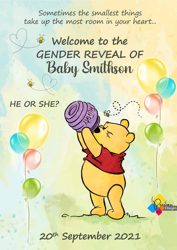 印刷可能なくまのプーさんの性別発表ウェルカムボード。男の子か女の子