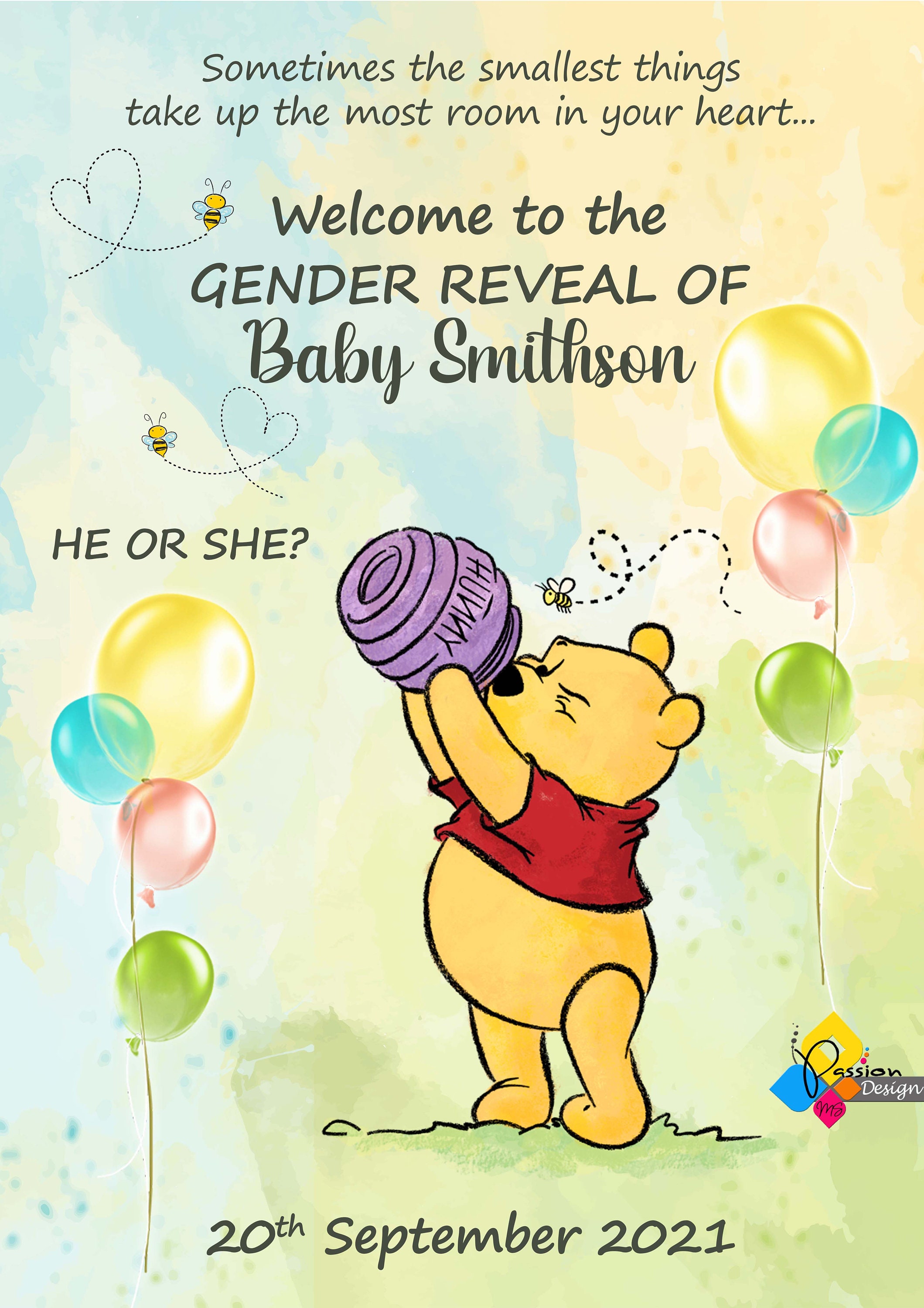 印刷可能なくまのプーさんの性別発表ウェルカムボード。男の子か女の子