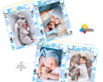 Printable Baby Mickey Mouse First Birthday Photo Banner. DIY Mickey Mouse Photo Garland. Digital Download Baby's 1st Year Milestone Cards