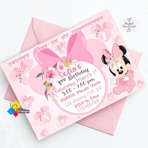 Afdrukbare baby MINNIE MOUSE eerste bloemen verjaardagsuitnodiging. Aangepaste roze Minnie Mouse verjaardag uitnodigen. Digitale baby Minnie Mouse uitnodiging