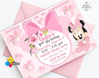 Stampabile Baby MINNIE MOUSE Invito floreale per il primo compleanno. Invito di compleanno personalizzato rosa Minnie Mouse. Invito digitale Baby Minnie Mouse