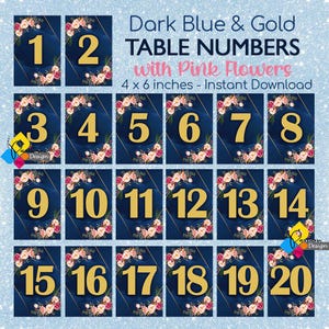 Printable Dark Blue and Gold Table Numbers. DIY Table Cards. Digital Download Dark Blue with Pink Flowers Table Number 4 x 6 inches Signs.