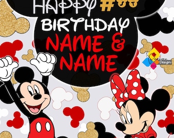 印刷可能なミッキーとミニーマウスの誕生日ウェルカムボード。カスタム