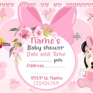 Printable MINNIE MOUSE Baby Shower Floral Invitation. Custom Pink ...