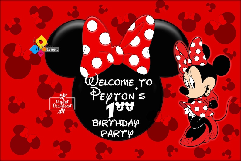 Puede incluir: Invitaci&oacute;n a una fiesta de cumplea&ntilde;os con tem&aacute;tica de Minnie Mouse roja y negra con lunares blancos. La invitaci&oacute;n dice "Bienvenido a la fiesta de cumplea&ntilde;os de Peyton, 1 a&ntilde;o".