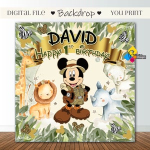 Printable MICKEY Mouse Safari Animals Birthday Backdrop. PERSONALIZED Mickey Mouse Party Background. Mickey Mouse Safari Birthday Banner